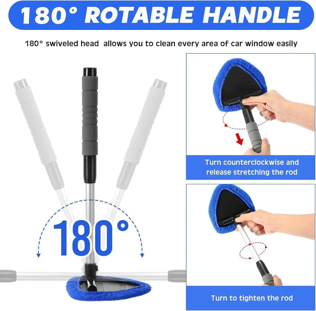 Effortless Car Windshield Cleaning Tool with Extendable Handle and Reusable Microfiber Pads