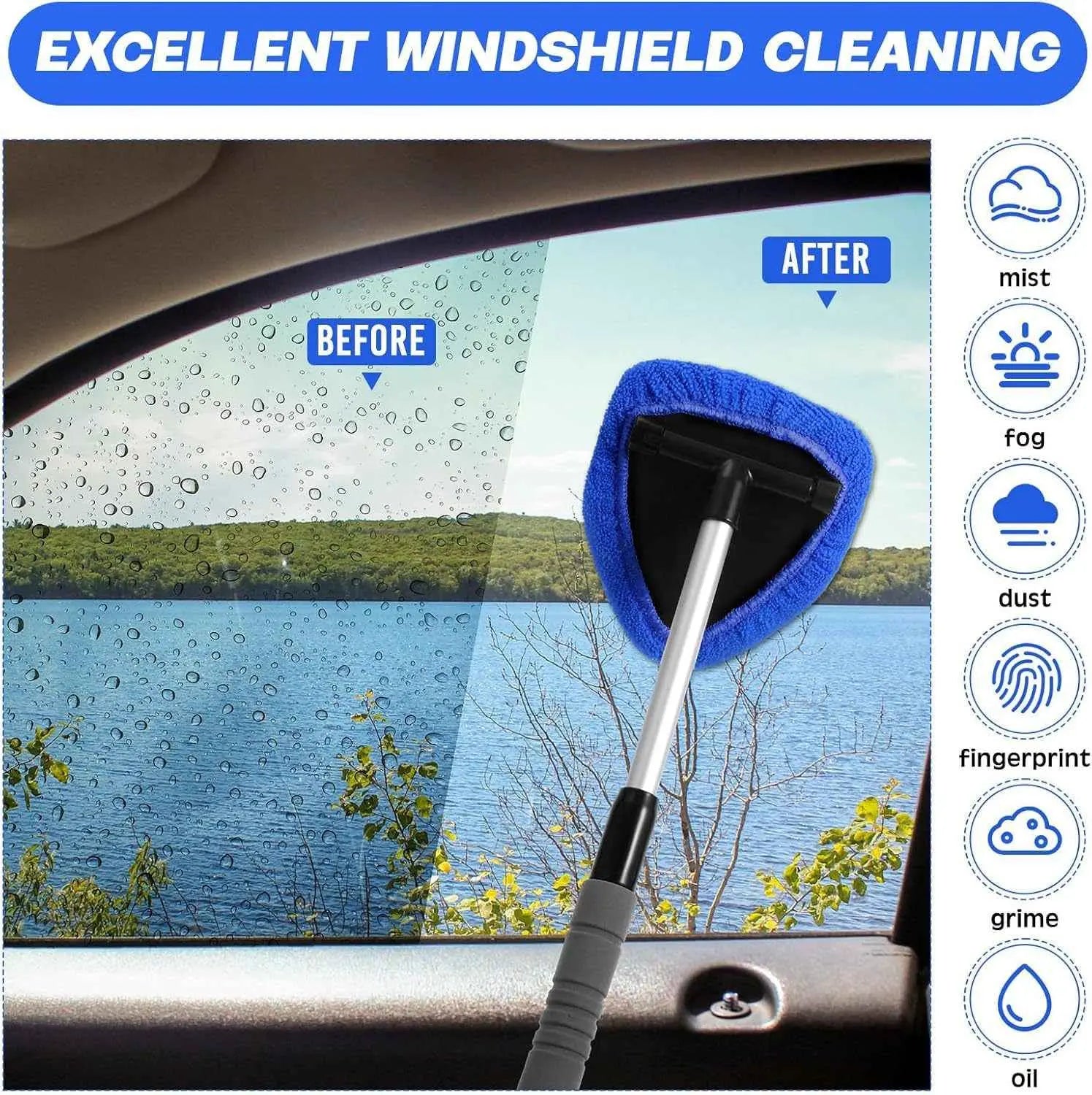 Effortless Car Windshield Cleaning Tool with Extendable Handle and Reusable Microfiber Pads