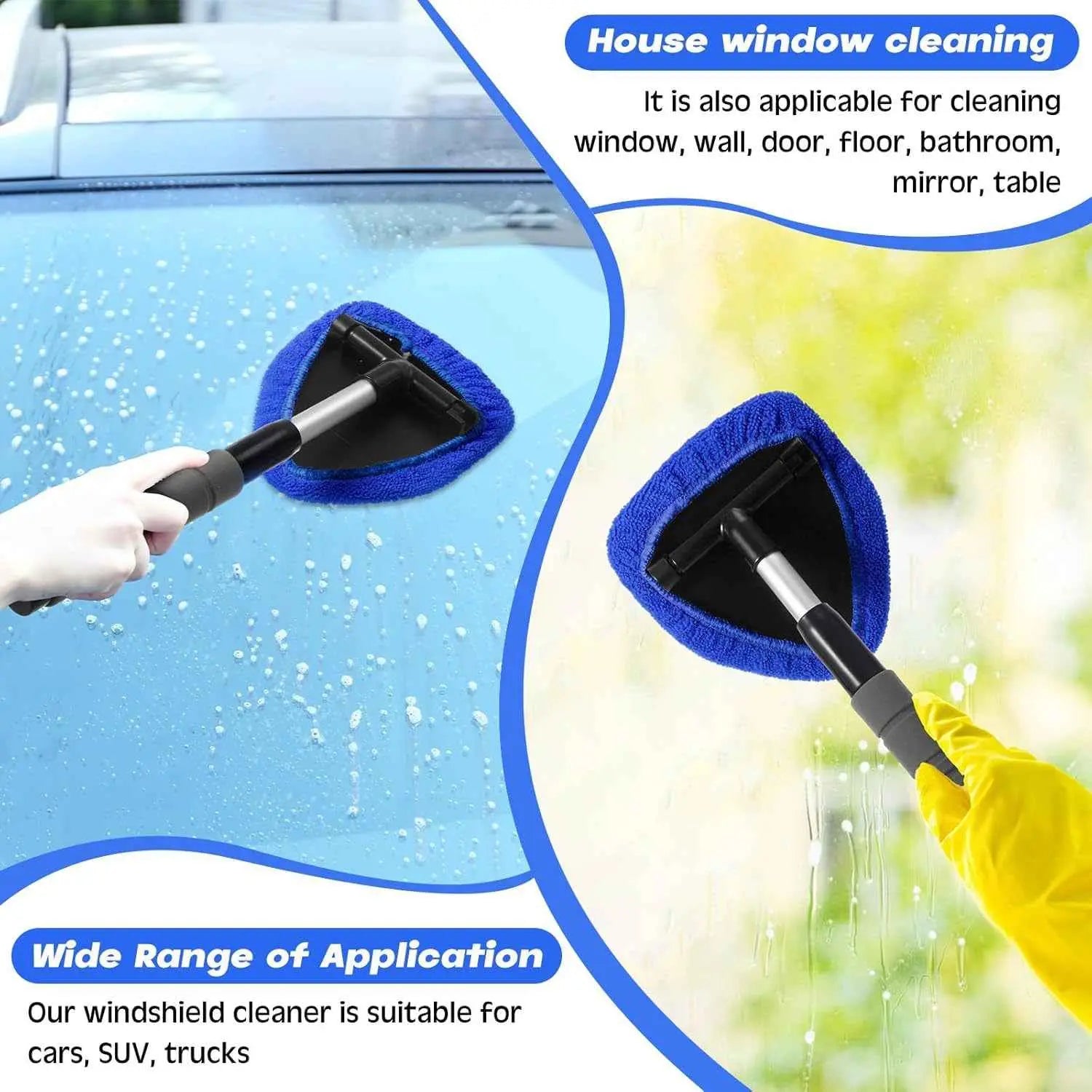 Effortless Car Windshield Cleaning Tool with Extendable Handle and Reusable Microfiber Pads