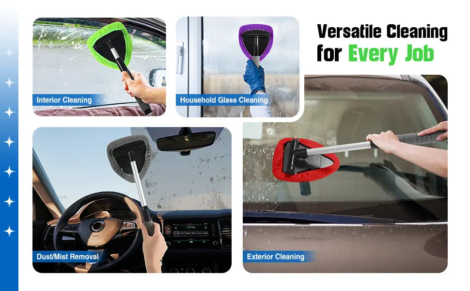 Effortless Car Windshield Cleaning Tool with Extendable Handle and Reusable Microfiber Pads