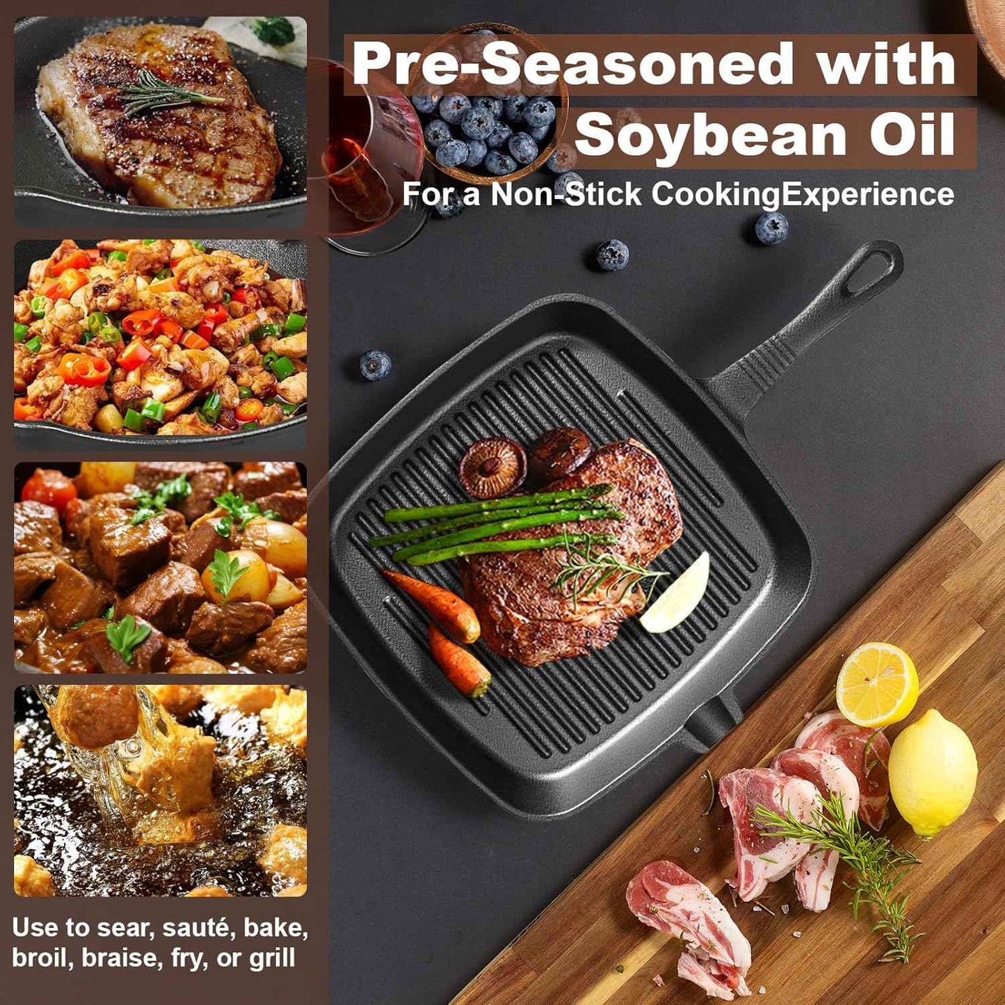 Four-piece set Heavy Duty Cast Iron Skillet & Grill Pan Thickened Vintage Style Cookware for Steak Breakfast & Camping