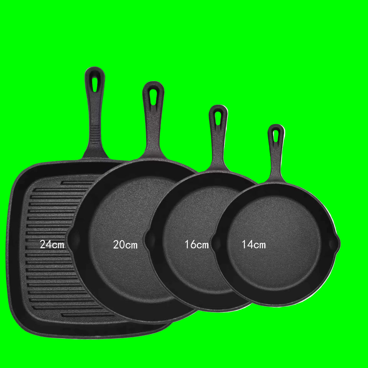 Four-piece set Heavy Duty Cast Iron Skillet & Grill Pan Thickened Vintage Style Cookware for Steak Breakfast & Camping