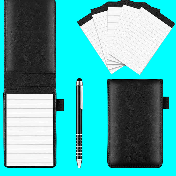 7-Piece Black Business Notebook Set - Premium PU Leather Memo Pad with 5 Replacement Refills & 2-in-1 Metal Stylus Pen