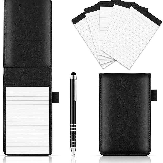 7-Piece Black Business Notebook Set - Premium PU Leather Memo Pad with 5 Replacement Refills & 2-in-1 Metal Stylus Pen
