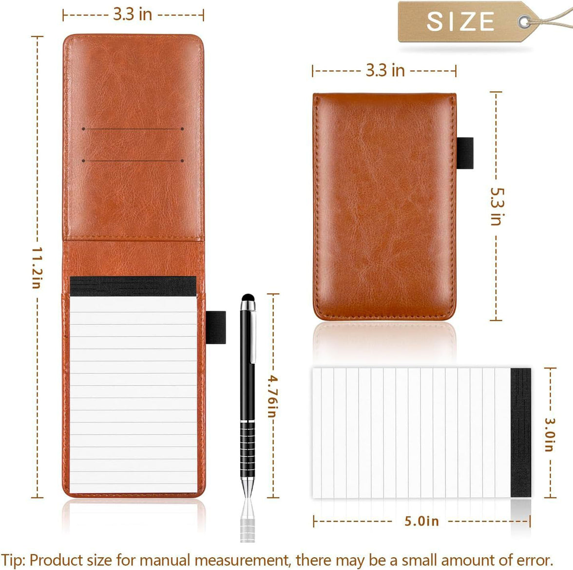 7-Piece Black Business Notebook Set - Premium PU Leather Memo Pad with 5 Replacement Refills & 2-in-1 Metal Stylus Pen