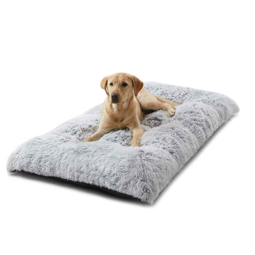 80 x 55 CM Winter Long Plush Dog Bed for Large Dogs - 10CM Thickened Fluffy Faux Fur Pad - Calming Anti Anxiety Pet Cushion with Non-Slip Bottom, Removable & Washable Heavy Duty Bedding, Grey L Size