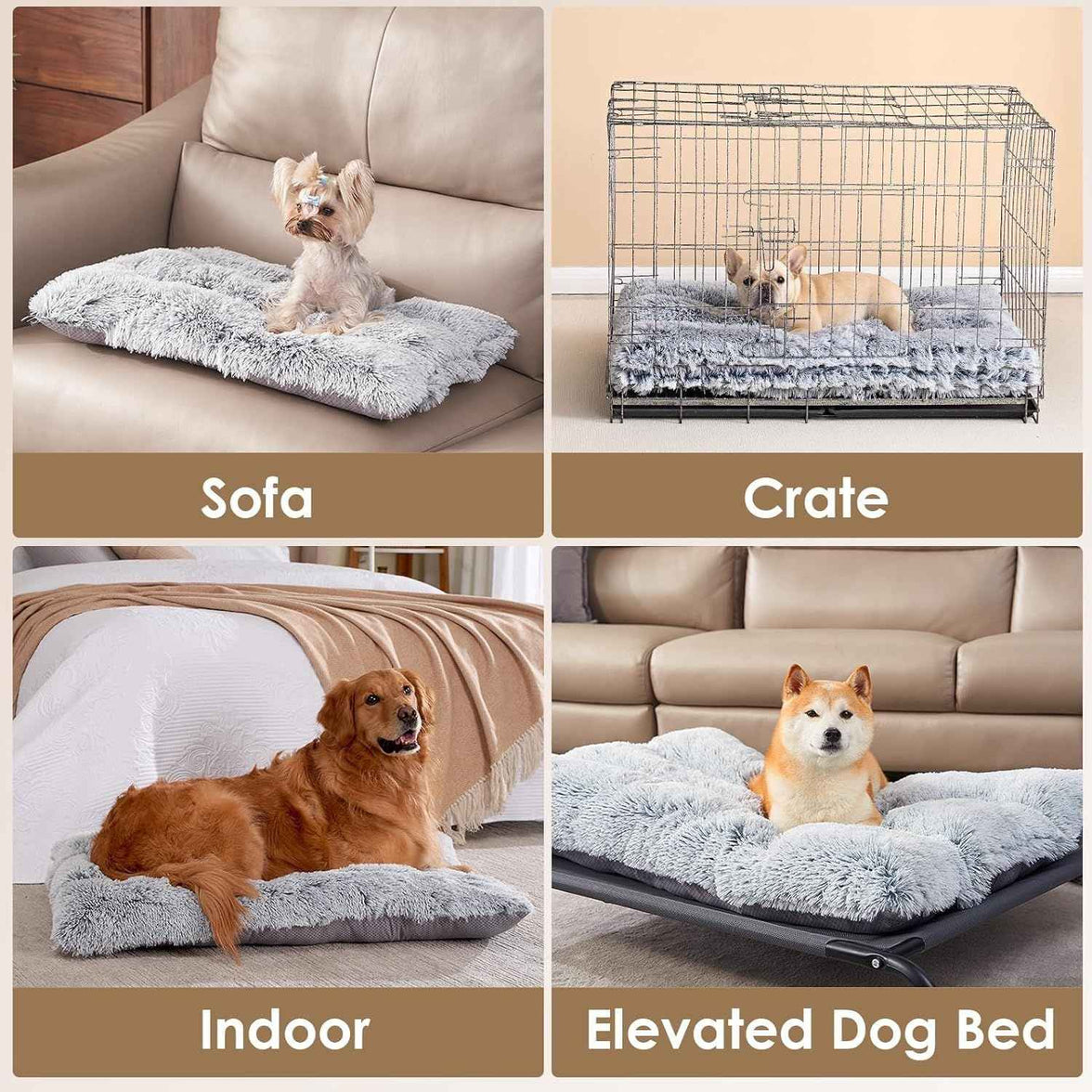 80 x 55 CM Winter Long Plush Dog Bed for Large Dogs - 10CM Thickened Fluffy Faux Fur Pad - Calming Anti Anxiety Pet Cushion with Non-Slip Bottom, Removable & Washable Heavy Duty Bedding, Grey L Size