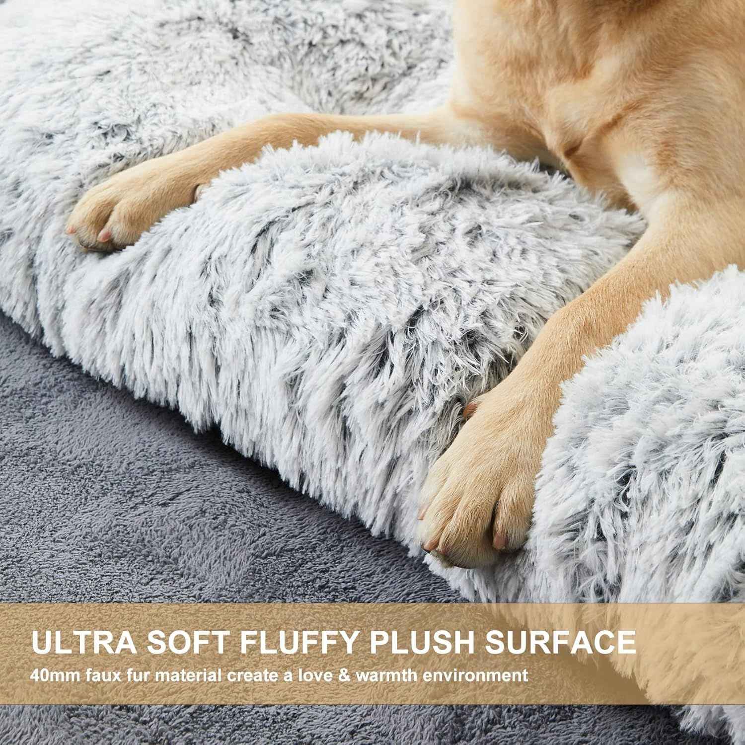 80 x 55 CM Winter Long Plush Dog Bed for Large Dogs - 10CM Thickened Fluffy Faux Fur Pad - Calming Anti Anxiety Pet Cushion with Non-Slip Bottom, Removable & Washable Heavy Duty Bedding, Grey L Size