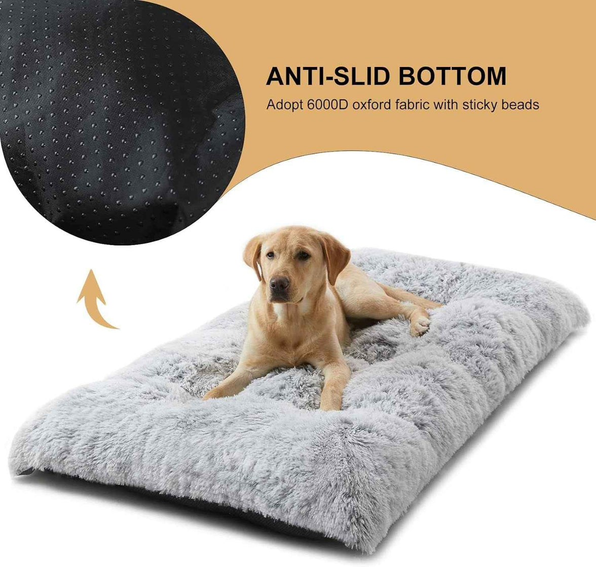 80 x 55 CM Winter Long Plush Dog Bed for Large Dogs - 10CM Thickened Fluffy Faux Fur Pad - Calming Anti Anxiety Pet Cushion with Non-Slip Bottom, Removable & Washable Heavy Duty Bedding, Grey L Size