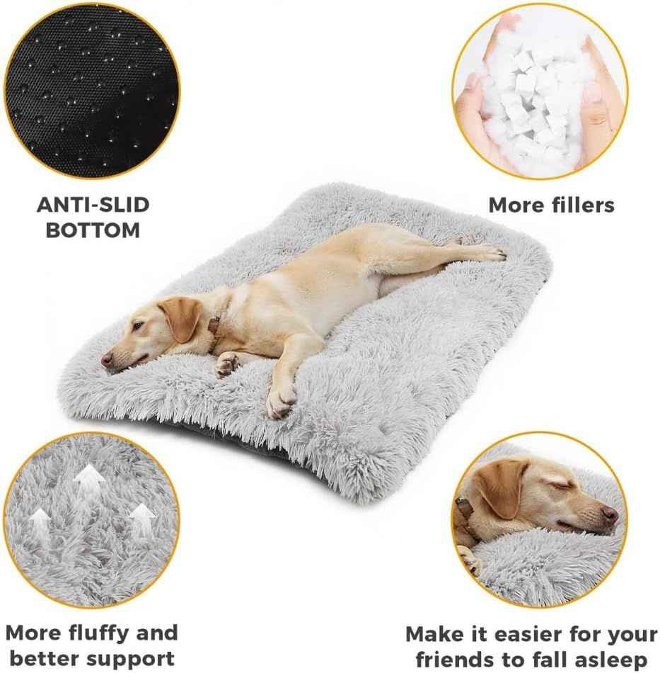 80 x 55 CM Winter Long Plush Dog Bed for Large Dogs - 10CM Thickened Fluffy Faux Fur Pad - Calming Anti Anxiety Pet Cushion with Non-Slip Bottom, Removable & Washable Heavy Duty Bedding, Grey L Size