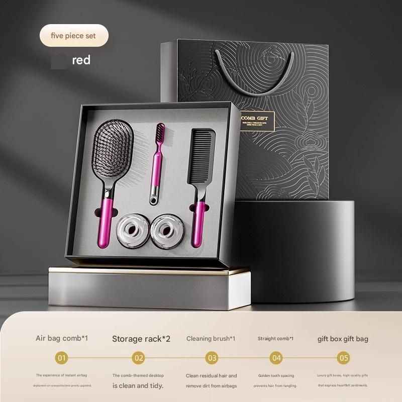 Pink 5-Piece Gift Box Set Premium ABS Hair Care Gift Set with Cushion Paddle Brush, Detangling Comb, Cleaning Brush & Stand - Elegant Mother’s Day or Couple’s Gift for Daily Styling and Scalp Comfort