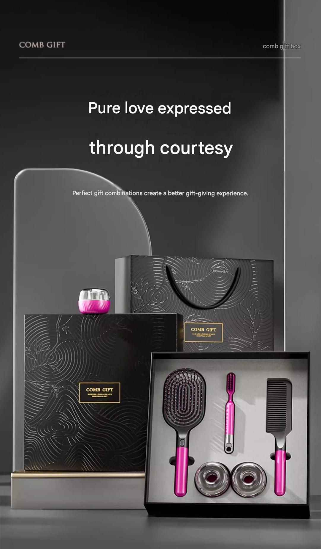 Pink 5-Piece Gift Box Set Premium ABS Hair Care Gift Set with Cushion Paddle Brush, Detangling Comb, Cleaning Brush & Stand - Elegant Mother’s Day or Couple’s Gift for Daily Styling and Scalp Comfort