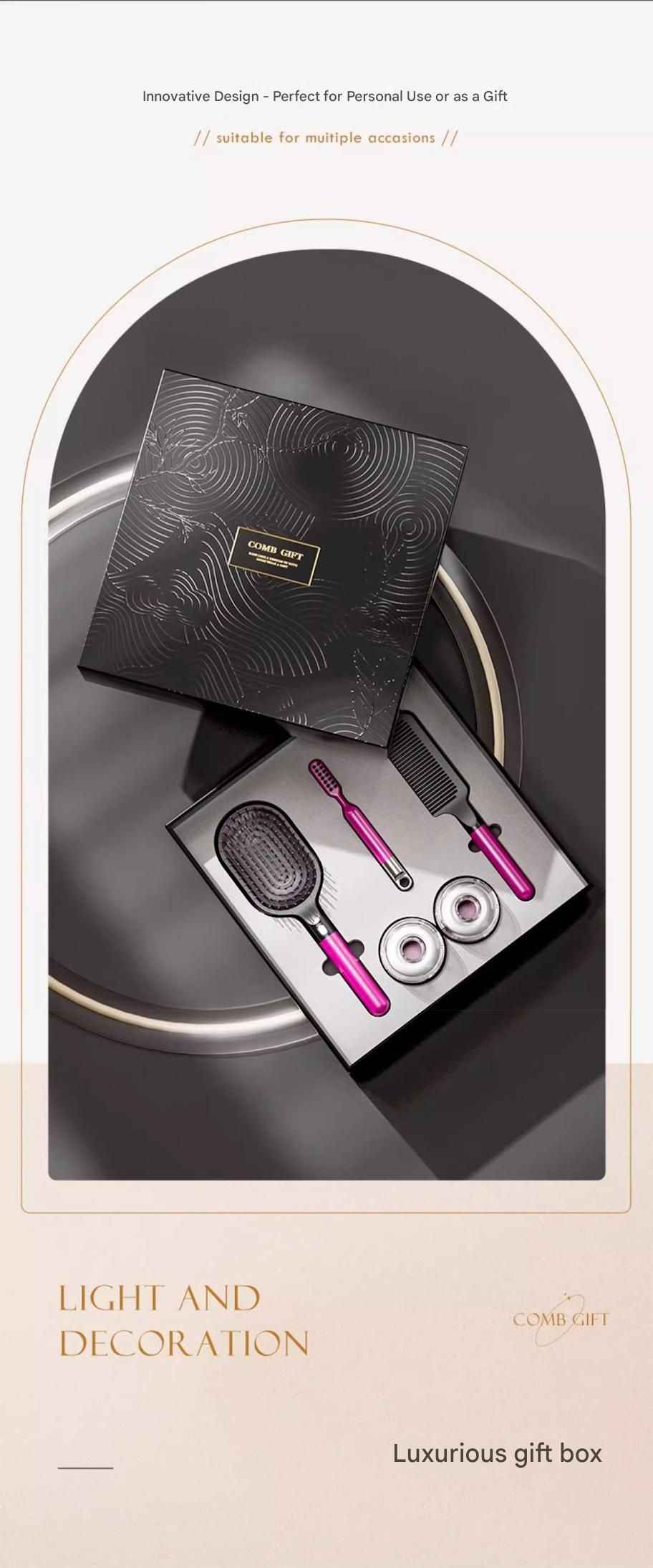 Pink 5-Piece Gift Box Set Premium ABS Hair Care Gift Set with Cushion Paddle Brush, Detangling Comb, Cleaning Brush & Stand - Elegant Mother’s Day or Couple’s Gift for Daily Styling and Scalp Comfort