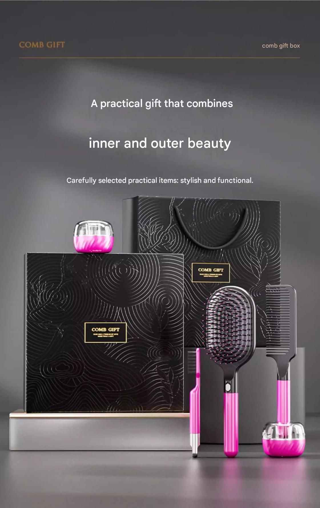 Pink 5-Piece Gift Box Set Premium ABS Hair Care Gift Set with Cushion Paddle Brush, Detangling Comb, Cleaning Brush & Stand - Elegant Mother’s Day or Couple’s Gift for Daily Styling and Scalp Comfort