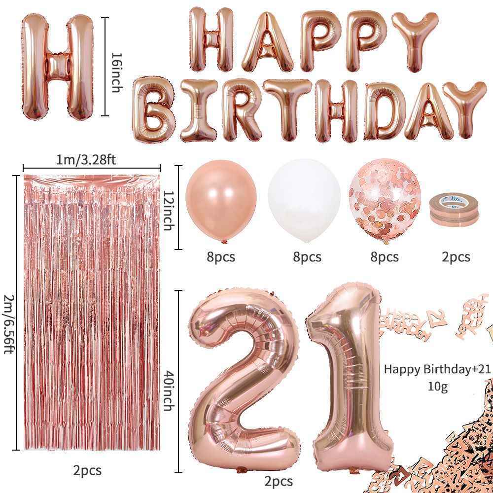 Rose Gold 21st Birthday Decoration Set - Complete Party Decor Kit with Foil Number Balloons, Happy Birthday Banner, Tassel Curtain, Confetti & Latex Balloons