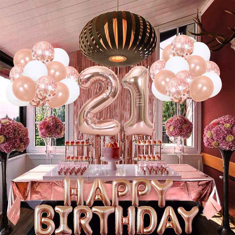 Rose Gold 21st Birthday Decoration Set - Complete Party Decor Kit with Foil Number Balloons, Happy Birthday Banner, Tassel Curtain, Confetti & Latex Balloons