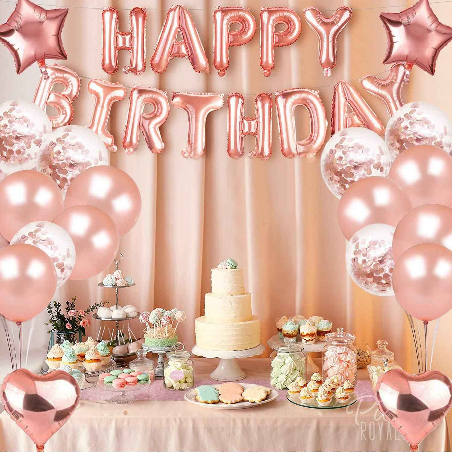 Rose Gold 21st Birthday Decoration Set - Complete Party Decor Kit with Foil Number Balloons, Happy Birthday Banner, Tassel Curtain, Confetti & Latex Balloons