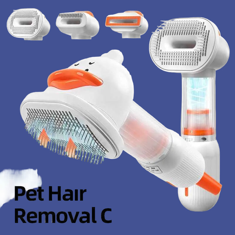 White Rechargeable Pet Grooming Vacuum Brush and Hair Deshedding Comb with 140° Curved Pin Comb & Removable Collection Chamber, 4-in-1 Self-Cleaning Slicker Brush, Detangling Rake, Silicone Cleaning Brush & Blow Nozzle for Cats and Dogs