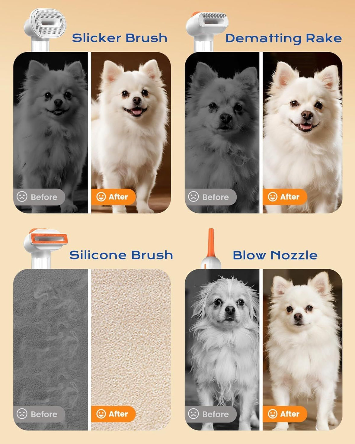 White Rechargeable Pet Grooming Vacuum Brush and Hair Deshedding Comb with 140° Curved Pin Comb & Removable Collection Chamber, 4-in-1 Self-Cleaning Slicker Brush, Detangling Rake, Silicone Cleaning Brush & Blow Nozzle for Cats and Dogs