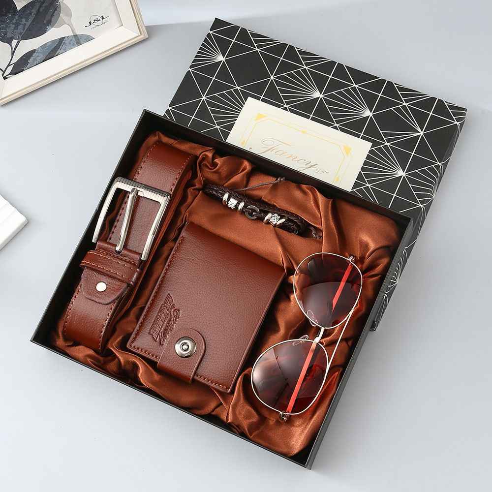 Brown 4-Piece Men's Leather Gift Set - Luxury Wallet, Belt, Sunglasses & Bracelet in Gift Box for All Occasions