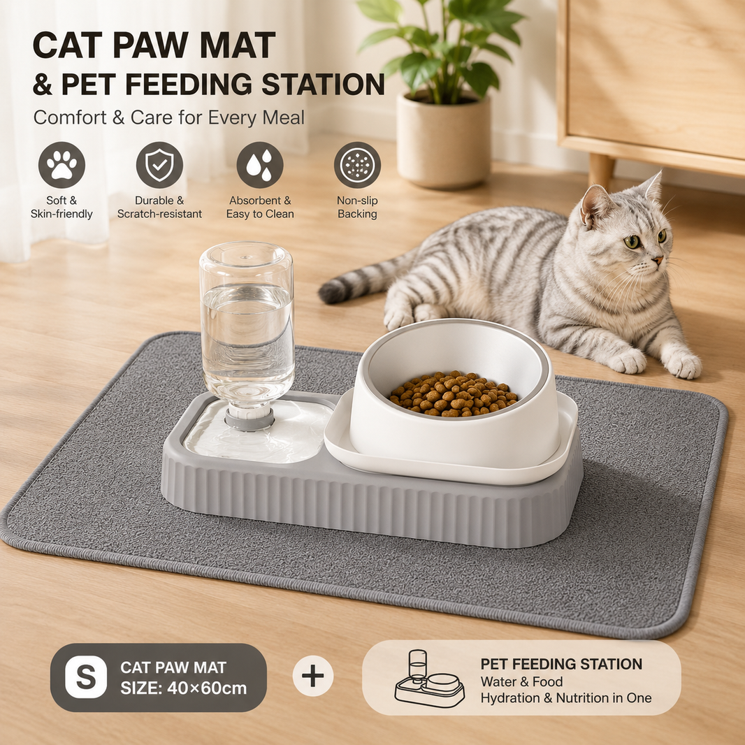 2 pcs Grey and White Cat Feeding Station Set with Water Dispenser & Slow Feeder Bowl Plus Cat Scratching Mat Bundle 40x60cm