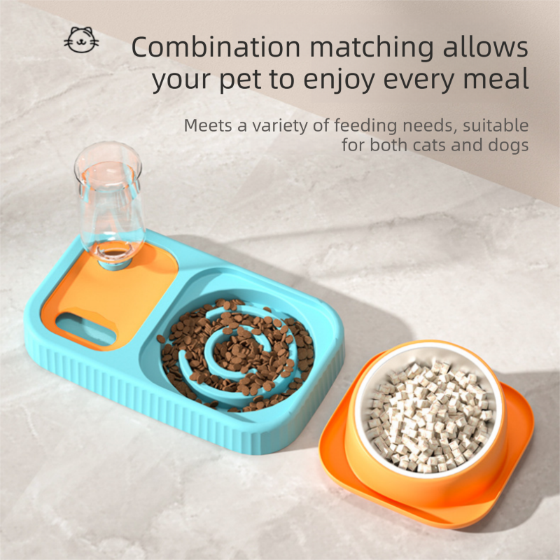 2 pcs Grey and White Cat Feeding Station Set with Water Dispenser & Slow Feeder Bowl Plus Cat Scratching Mat Bundle 40x60cm