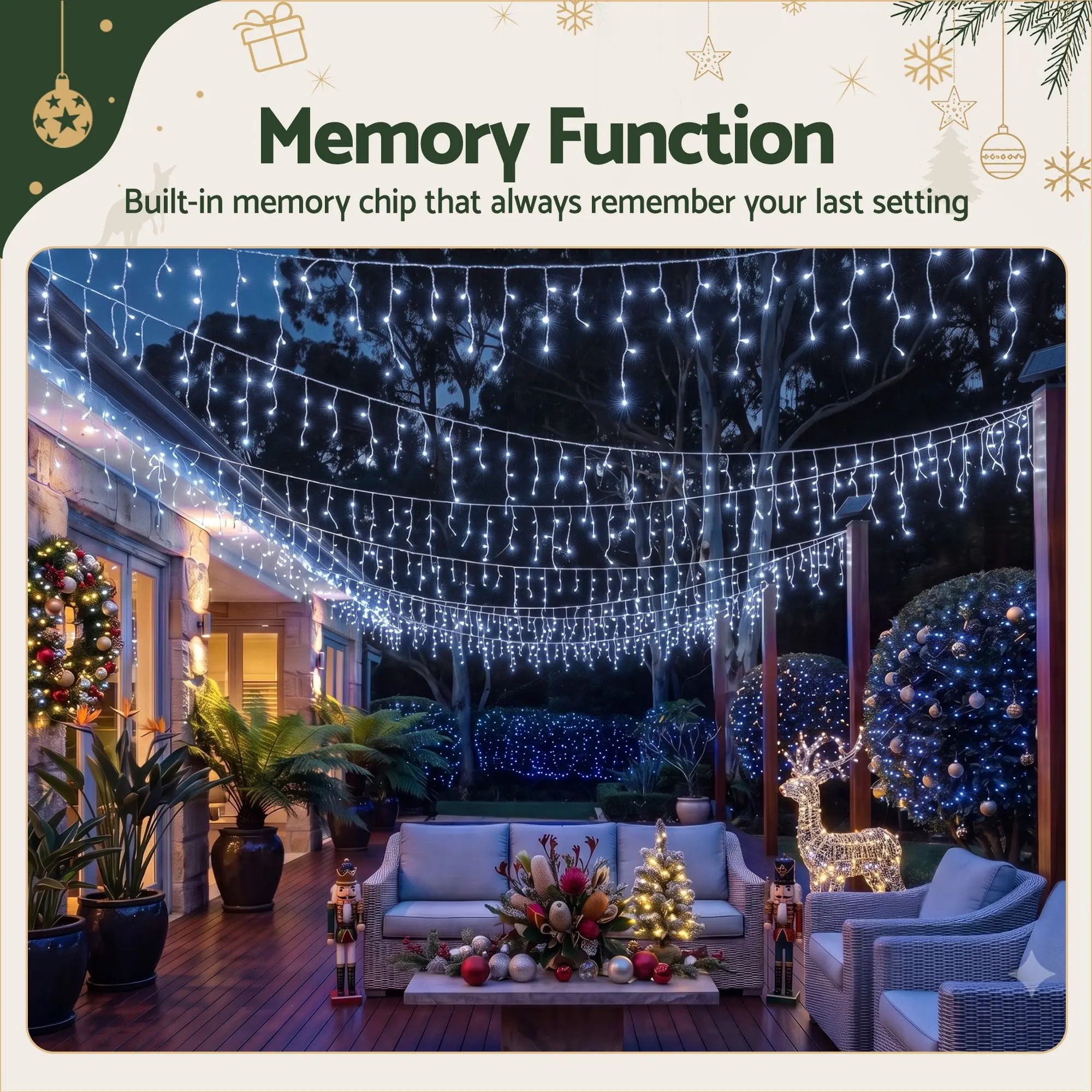 Jingle Jollys Solar Icicle Christmas Lights, 32m, 960 Cool White LEDs