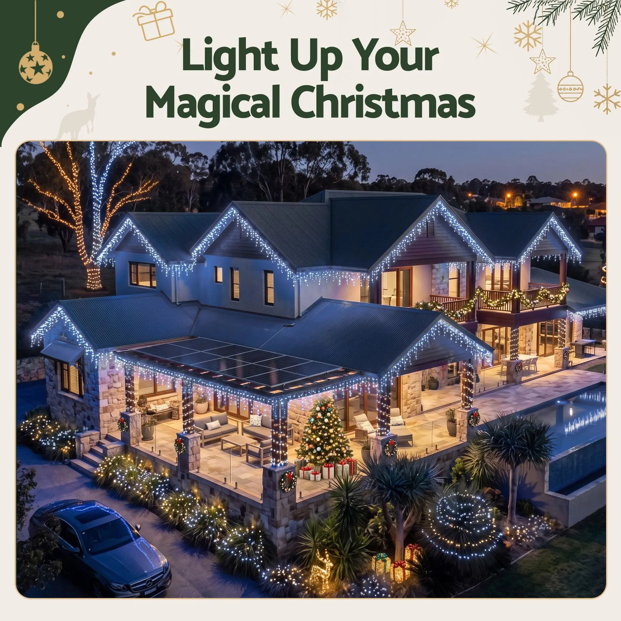 Jingle Jollys Solar Icicle Christmas Lights, 32m, 960 Cool White LEDs