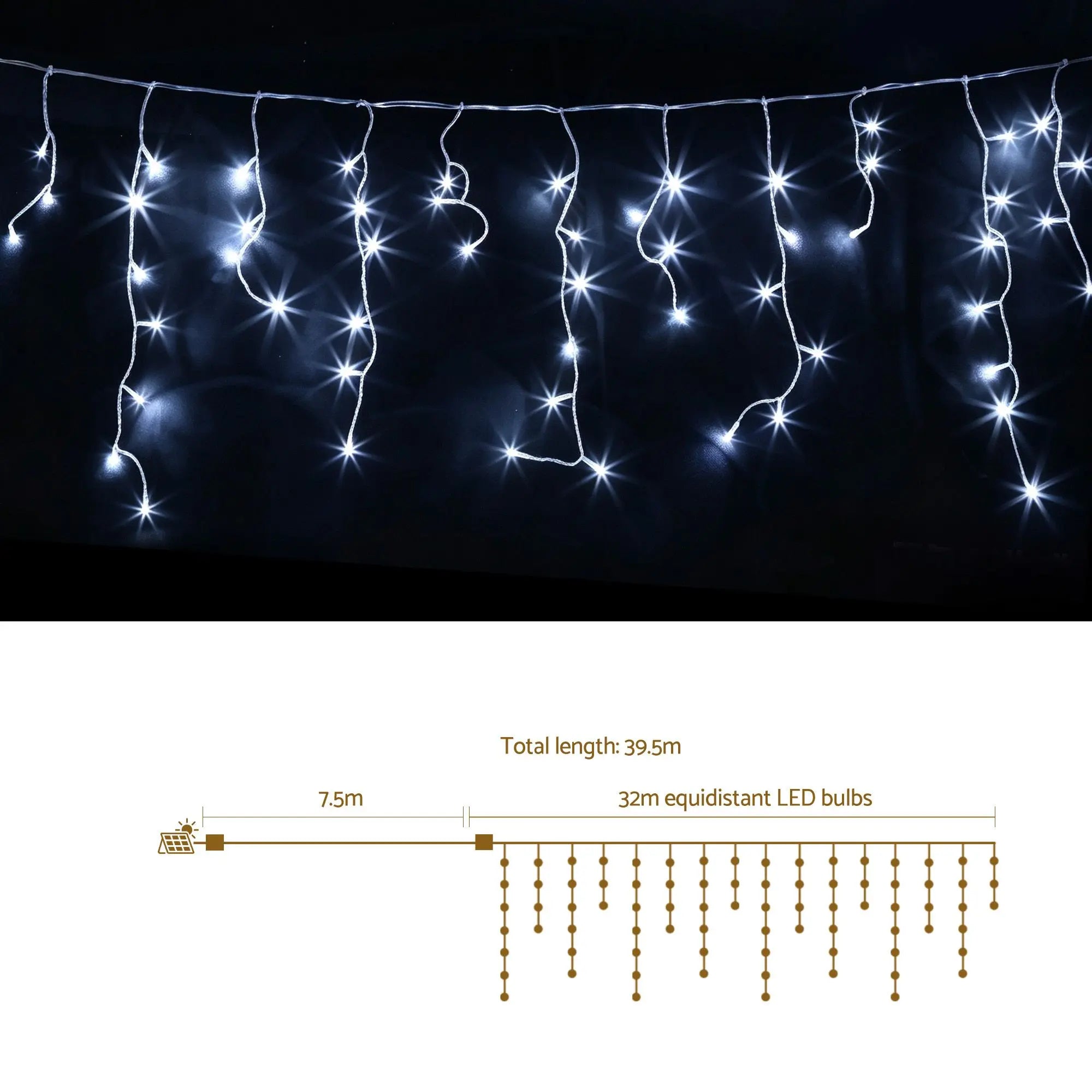 Jingle Jollys Solar Icicle Christmas Lights, 32m, 960 Cool White LEDs