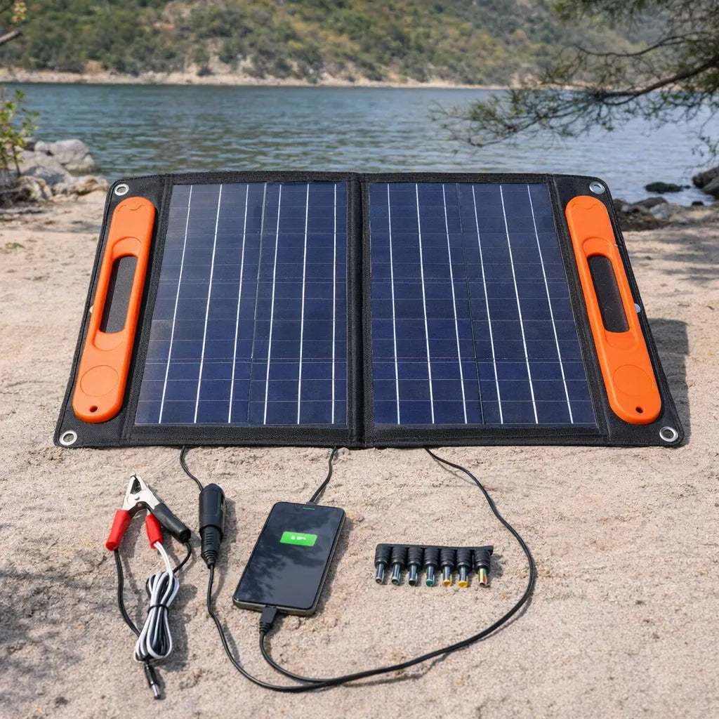 60W 18V Portable Solar Panel Kit Dual USB Port Monocrystalline Folding Solar Charger with Support Bracket for Outdoor Camping
