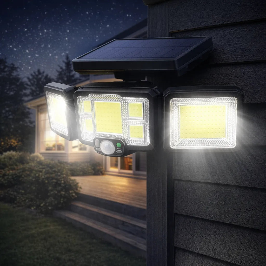 3 Heads Outdoor Solar Wall Light with Remote Control Motion Sensor 3 Lighting Modes Waterproof Wide Angle Rotation Solar Fence Light