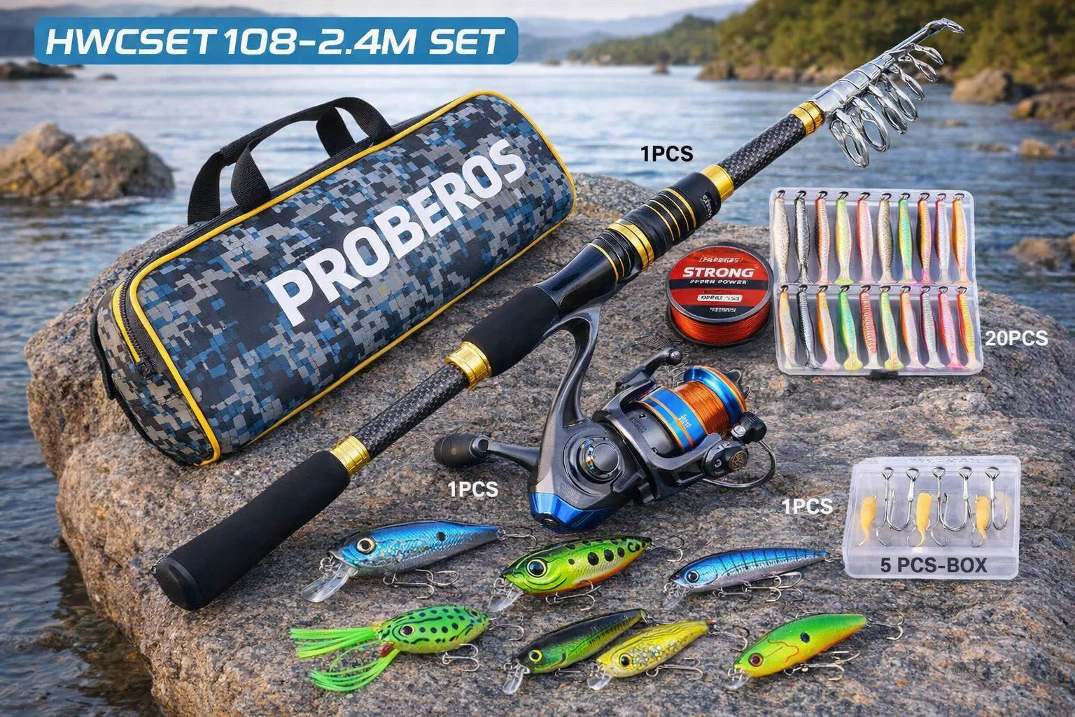 Proberus fishing rod reel set, including spinning reel, 2.4-meter fishing rod, fishing line, artificial bait, lead weight hook, complete set with storage bag