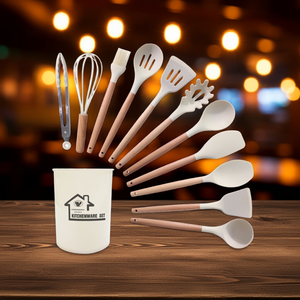 White 11-Piece Silicone Kitchen Utensil Set with Wooden Handles and Storage Bucket - Heat Resistant and Non-Stick - Donsdropshipstore.com